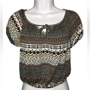 Golden State Blue Yellow Black Peach Aztec/Geometric Print Crop Top Size Small